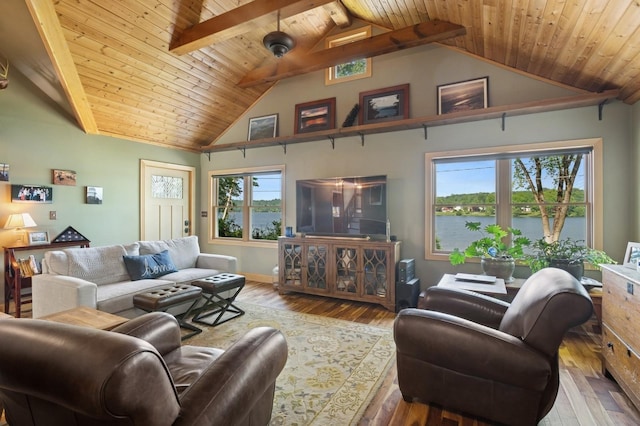 129 W Lakeshore Dr, Carmel, NY 10512 - living area featuring wood-type flooring, high vaulted ceiling, wooden ceiling with exposed beams, and baseboards