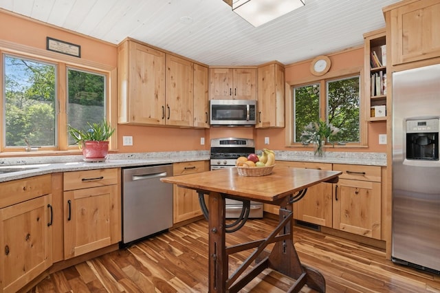 129 W Lakeshore Dr, Carmel, NY 10512 - kitchen featuring appliances with stainless steel finishes, light brown cabinetry, wood finished floors, wooden ceiling, and open shelves
