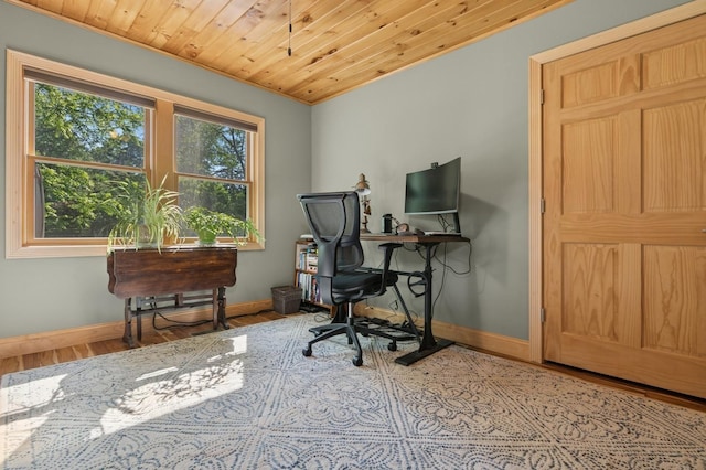 129 W Lakeshore Dr, Carmel, NY 10512 - office area featuring baseboards, wood finished floors, wood ceiling, and ornamental molding
