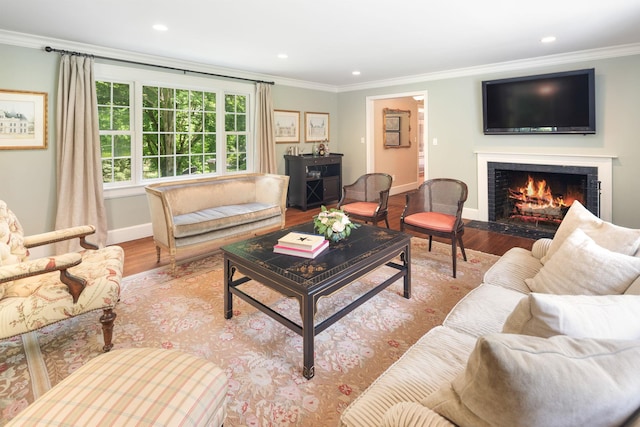 33 High Way, Chappaqua, NY 10514 - living area with wood finished floors, a fireplace with flush hearth, baseboards, ornamental molding, and recessed lighting