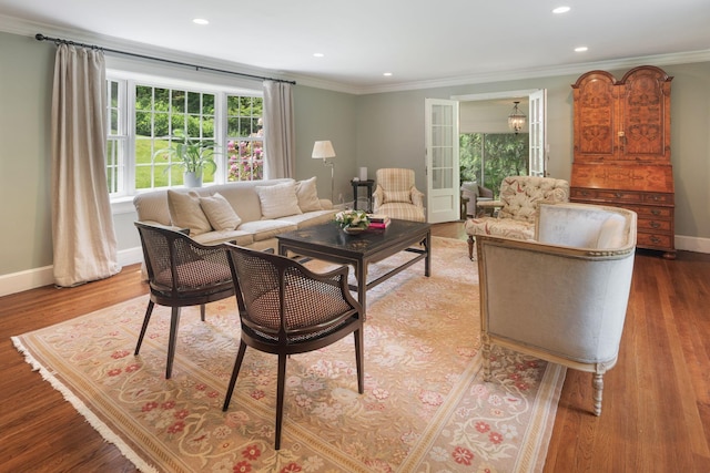 33 High Way, Chappaqua, NY 10514 - living room featuring baseboards, recessed lighting, ornamental molding, and wood finished floors