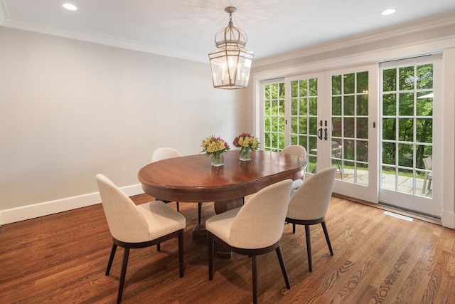 33 High Way, Chappaqua, NY 10514 - dining room featuring french doors, ornamental molding, light wood finished floors, a chandelier, and baseboards