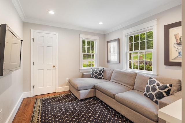33 High Way, Chappaqua, NY 10514 - living room with plenty of natural light, wood finished floors, crown molding, baseboards, and recessed lighting