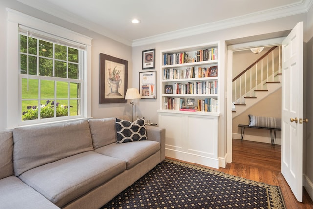 33 High Way, Chappaqua, NY 10514 - living area with wood finished floors, ornamental molding, stairs, recessed lighting, and built in features