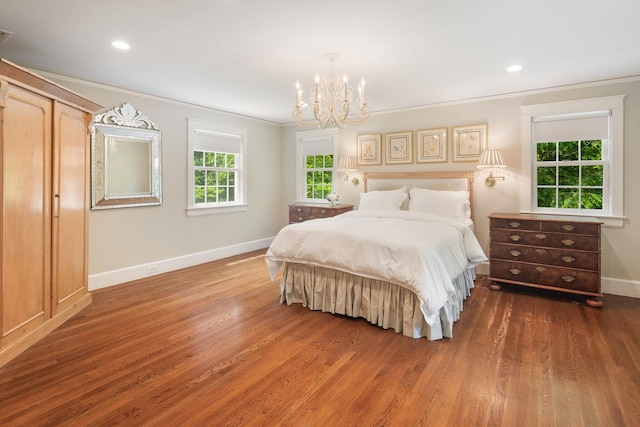 33 High Way, Chappaqua, NY 10514 - bedroom featuring a chandelier, baseboards, wood finished floors, ornamental molding, and recessed lighting