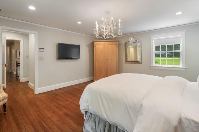 33 High Way, Chappaqua, NY 10514 - bedroom featuring baseboards, ornamental molding, recessed lighting, a chandelier, and dark wood-style flooring