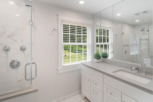 33 High Way, Chappaqua, NY 10514 - bathroom with vanity, a shower stall, baseboards, recessed lighting, and tile patterned flooring