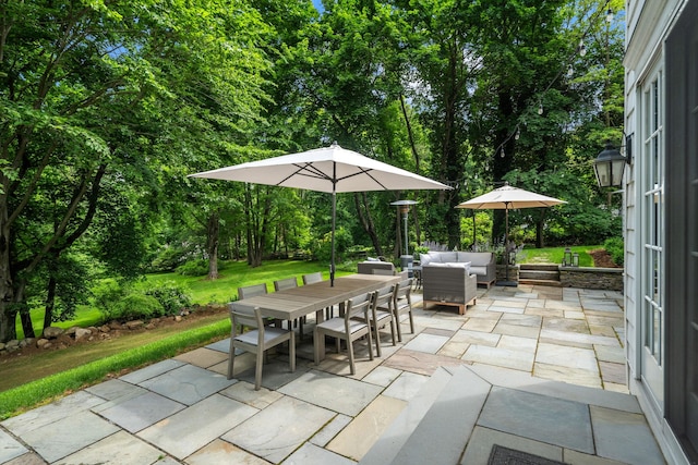 33 High Way, Chappaqua, NY 10514 - view of patio featuring an outdoor hangout area, outdoor dining area, and view of wooded area
