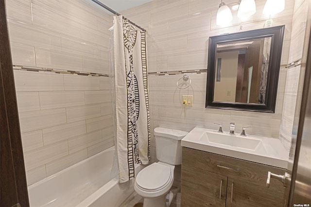 22820 Edgewood Ave, Laurelton, NY 11413 - full bathroom with toilet, tile walls, vanity, shower / bath combo with shower curtain, and decorative backsplash