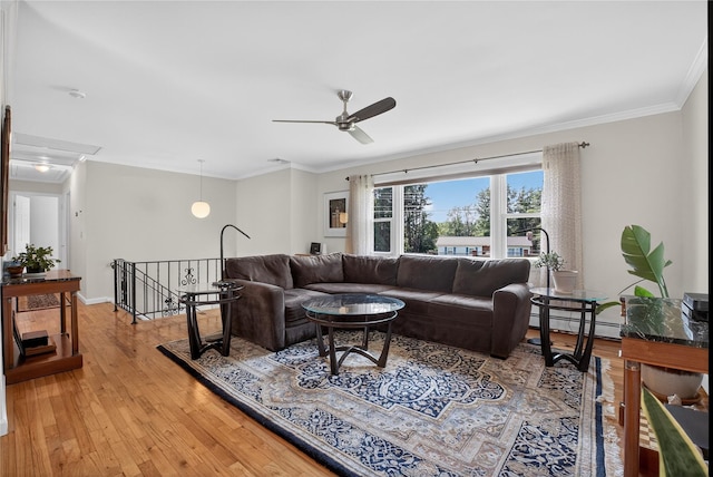 15 Richard Rd, Mahopac, NY 10541 - living room with a baseboard radiator, crown molding, ceiling fan, attic access, and light wood-style flooring