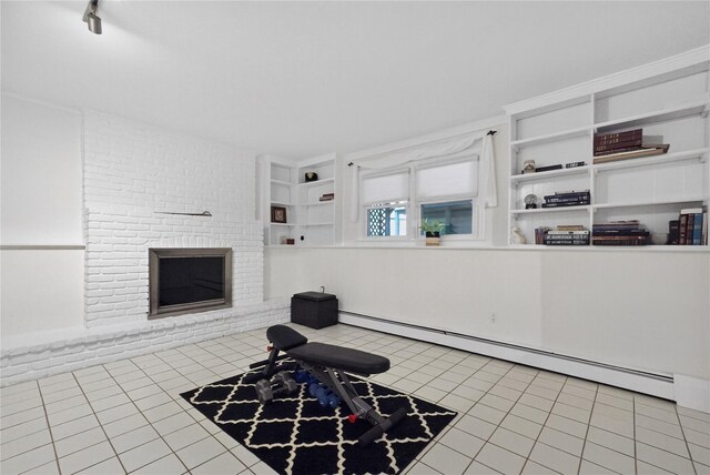 15 Richard Rd, Mahopac, NY 10541 - sitting room featuring baseboard heating, tile patterned floors, a brick fireplace, and built in features