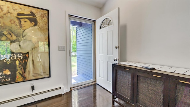 4 Bay View Dr W, Hampton Bays, NY 11946 - entrance foyer featuring a baseboard heating unit, plenty of natural light, and dark wood finished floors