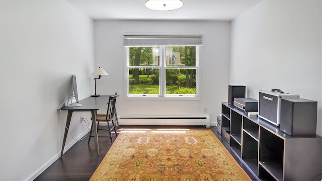 4 Bay View Dr W, Hampton Bays, NY 11946 - office area featuring a baseboard radiator, wood finished floors, and baseboards