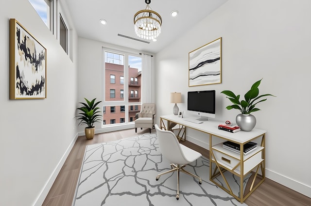 312 Fenimore St, Brooklyn, NY 11225 - home office with wood finished floors, baseboards, a chandelier, and recessed lighting
