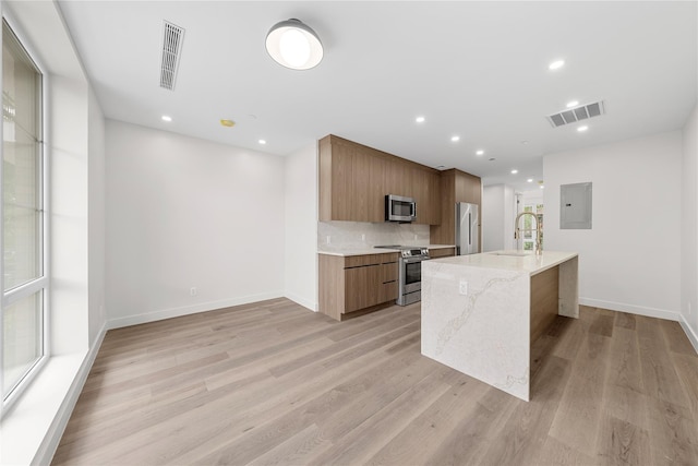 312 Fenimore St, Brooklyn, NY 11225 - kitchen featuring stainless steel appliances, electric panel, a sink, backsplash, and light wood-style floors