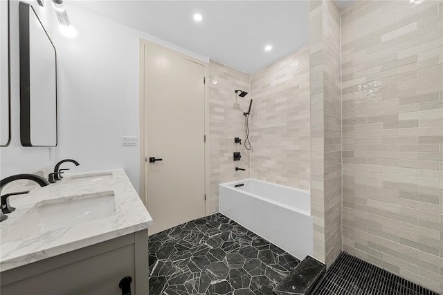 312 Fenimore St, Brooklyn, NY 11225 - full bath with double vanity, recessed lighting, shower / bath combination, and marble finish flooring