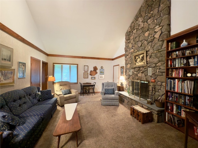 34 Brentwood Dr, Poughkeepsie, NY 12603 - carpeted living room featuring high vaulted ceiling and a fireplace