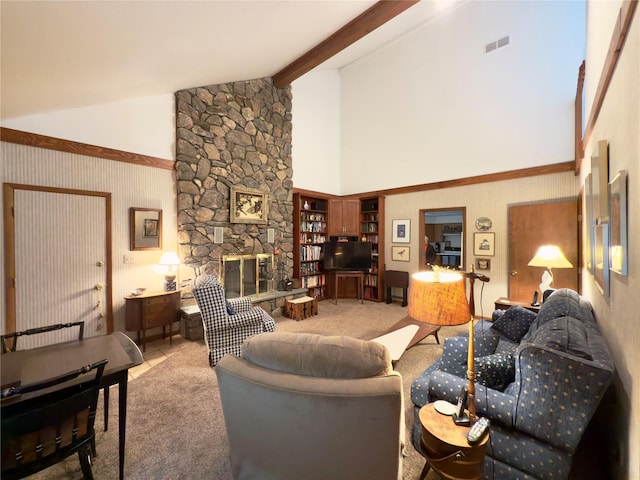 34 Brentwood Dr, Poughkeepsie, NY 12603 - living area with carpet flooring, high vaulted ceiling, a fireplace, and beam ceiling