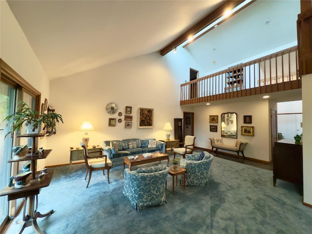 34 Brentwood Dr, Poughkeepsie, NY 12603 - living area with baseboards, high vaulted ceiling, beam ceiling, and carpet flooring