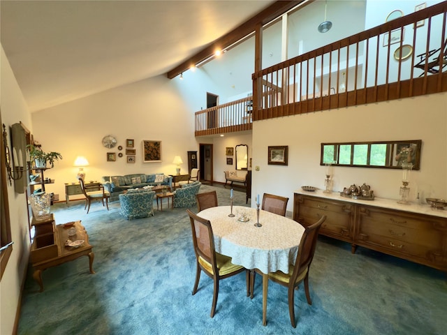 34 Brentwood Dr, Poughkeepsie, NY 12603 - dining space featuring carpet, high vaulted ceiling, and beamed ceiling