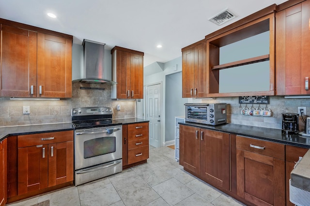 7 Daniel Ct, Lake Ronkonkoma, NY 11779 - kitchen with electric stove, wall chimney range hood, open shelves, tasteful backsplash, and dark countertops