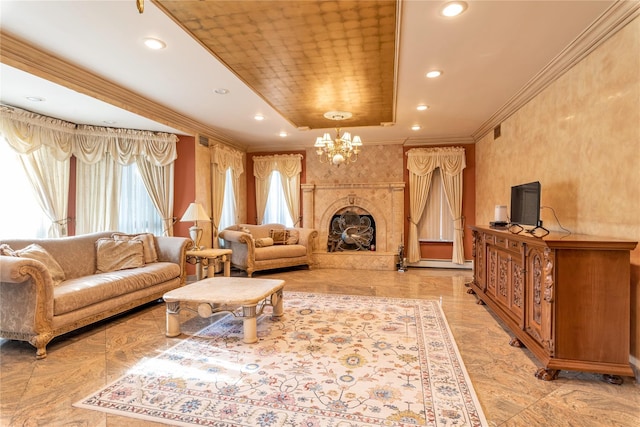 1338 Kearney Ave, Bronx, NY 10465 - living room featuring a chandelier, crown molding, a raised ceiling, and recessed lighting