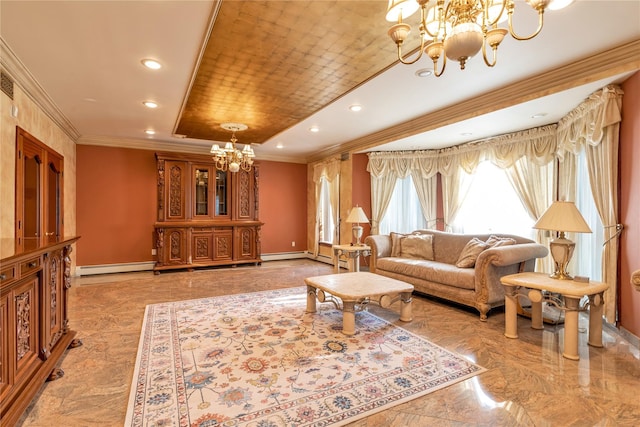 1338 Kearney Ave, Bronx, NY 10465 - living area featuring a chandelier, a baseboard heating unit, crown molding, light marble finish floors, and a raised ceiling