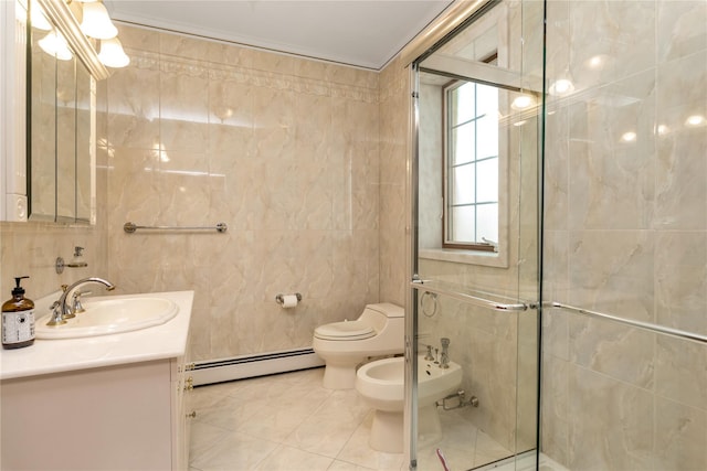 1338 Kearney Ave, Bronx, NY 10465 - full bath featuring a baseboard radiator, tile walls, a bidet, a stall shower, and vanity