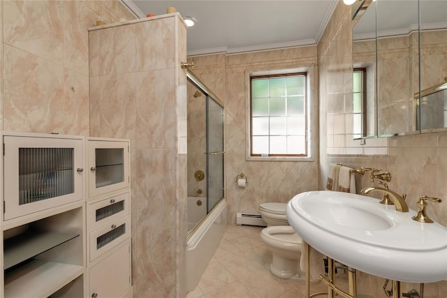1338 Kearney Ave, Bronx, NY 10465 - full bath with crown molding, tile walls, a baseboard heating unit, bath / shower combo with glass door, and tile patterned flooring