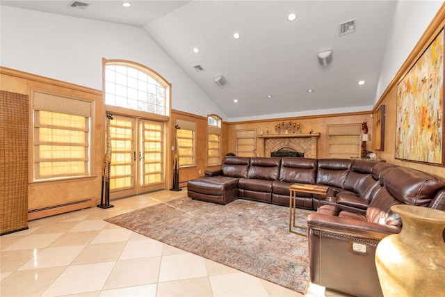 1338 Kearney Ave, Bronx, NY 10465 - living room with a baseboard radiator, high vaulted ceiling, recessed lighting, light tile patterned floors, and built in features
