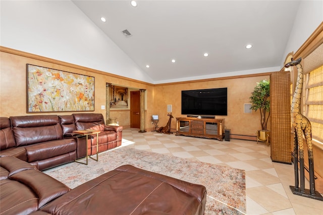 1338 Kearney Ave, Bronx, NY 10465 - living area with recessed lighting, high vaulted ceiling, and baseboard heating