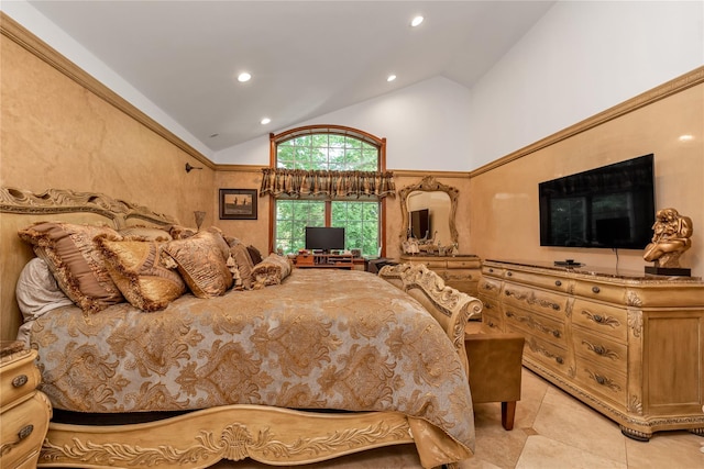 1338 Kearney Ave, Bronx, NY 10465 - bedroom featuring high vaulted ceiling, light tile patterned flooring, and recessed lighting