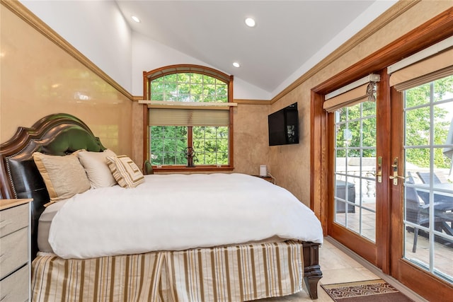 1338 Kearney Ave, Bronx, NY 10465 - bedroom with lofted ceiling, access to exterior, recessed lighting, light tile patterned floors, and french doors