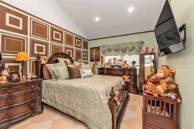 1338 Kearney Ave, Bronx, NY 10465 - bedroom featuring lofted ceiling, light tile patterned flooring, and recessed lighting