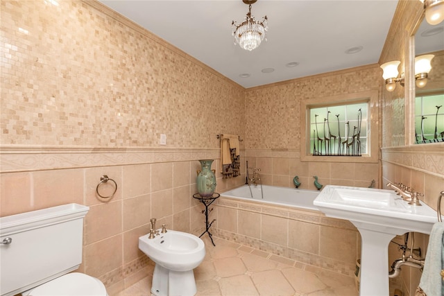 1338 Kearney Ave, Bronx, NY 10465 - full bath with a bidet, a garden tub, tile patterned flooring, ornamental molding, and tile walls