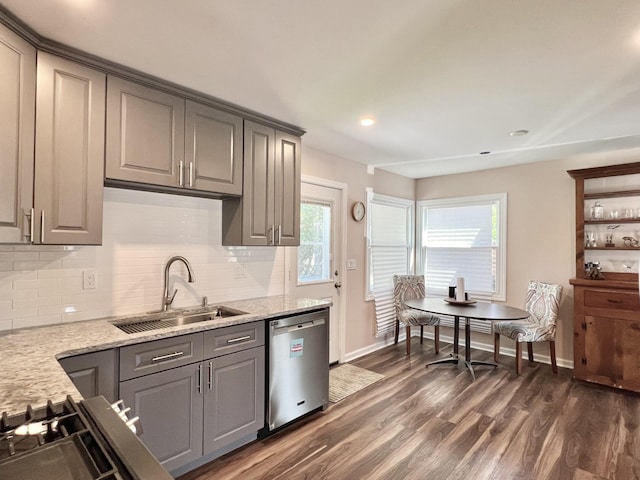 7 Mindy Ln, Jericho, NY 11590 - kitchen with stainless steel dishwasher, gray cabinets, dark wood finished floors, backsplash, and recessed lighting