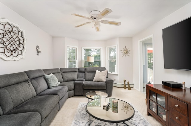 14FELWAYDRIVE Felway Dr Unit 14, Coram, NY 11727 - living area with baseboard heating, light carpet, plenty of natural light, and ceiling fan