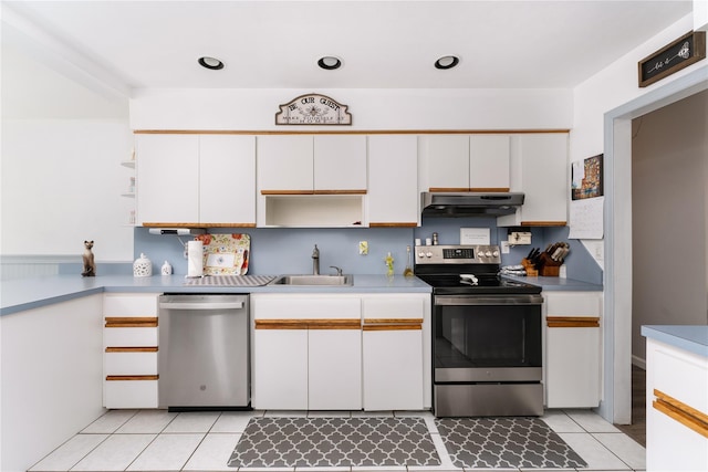 14FELWAYDRIVE Felway Dr Unit 14, Coram, NY 11727 - kitchen featuring stainless steel appliances, open shelves, under cabinet range hood, a sink, and light tile patterned floors