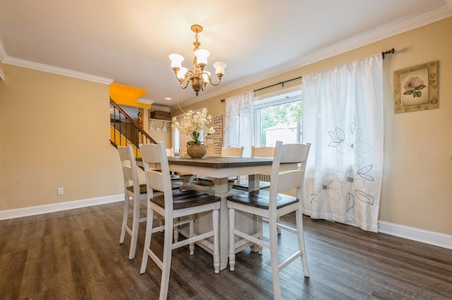 74 Miles Ave, Albertson, NY 11507 - dining area with a chandelier, crown molding, wood finished floors, and stairs