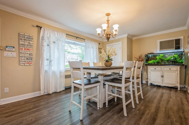 74 Miles Ave, Albertson, NY 11507 - dining area featuring a chandelier, dark wood finished floors, ornamental molding, radiator, and an AC wall unit
