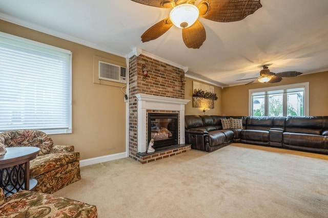 74 Miles Ave, Albertson, NY 11507 - living area with a ceiling fan, an AC wall unit, crown molding, light carpet, and a fireplace