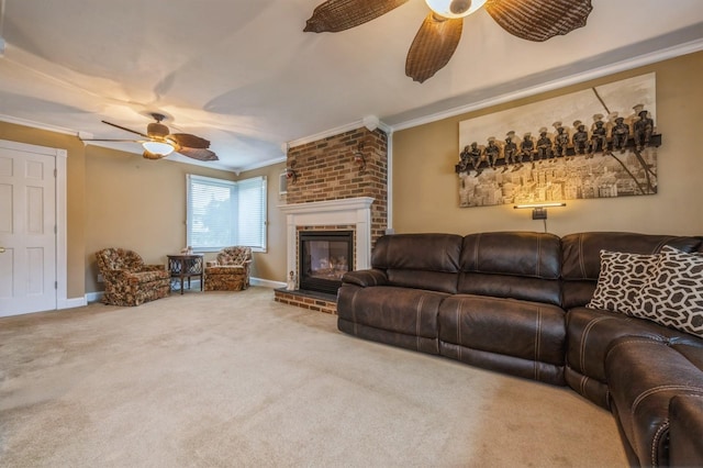 74 Miles Ave, Albertson, NY 11507 - living room with ceiling fan, crown molding, carpet flooring, and a brick fireplace