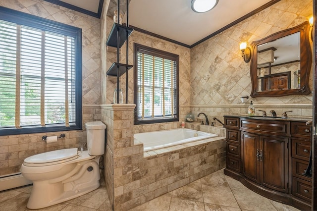 74 Miles Ave, Albertson, NY 11507 - full bathroom with tile walls, healthy amount of natural light, crown molding, a bath, and vanity