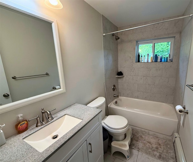 1 Roberta St, East Patchogue, NY 11772 - bathroom featuring a baseboard radiator, vanity, toilet, bathtub / shower combination, and tile patterned floors
