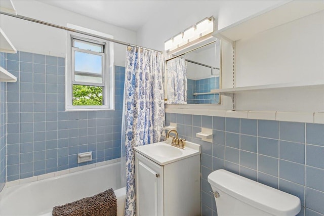 209-80 18th Ave Unit 4D, Bayside, NY 11360 - bathroom featuring vanity, shower / bathtub combination with curtain, and tile walls