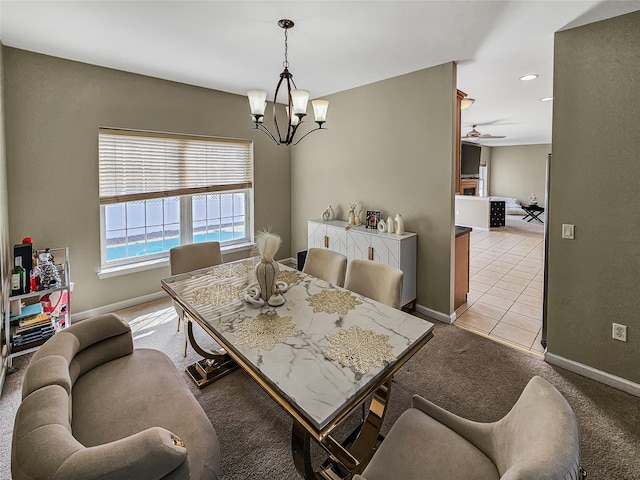2717 Colonial Dr, New Windsor, NY 12553 - dining space with a chandelier, baseboards, light colored carpet, recessed lighting, and light tile patterned floors