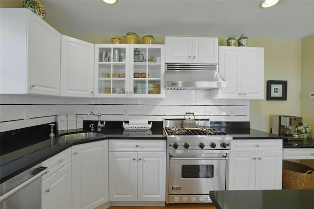 17 Deer Tree Ln, Briarcliff Manor, NY 10510 - kitchen with appliances with stainless steel finishes, exhaust hood, tasteful backsplash, white cabinetry, and recessed lighting