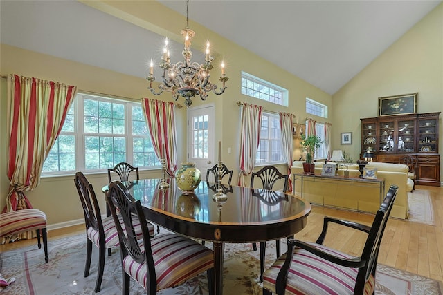 17 Deer Tree Ln, Briarcliff Manor, NY 10510 - dining space with healthy amount of natural light, light wood-style flooring, a chandelier, and high vaulted ceiling