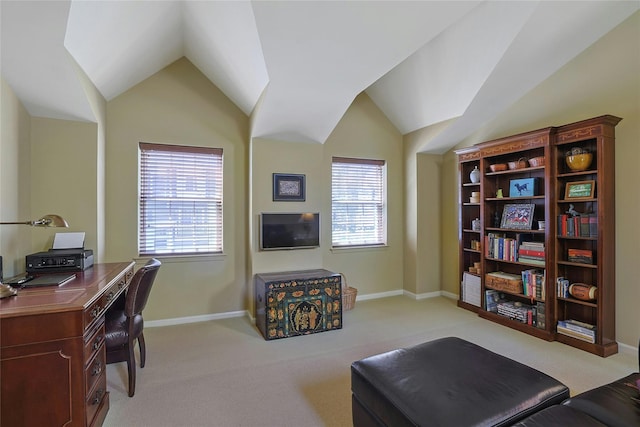 17 Deer Tree Ln, Briarcliff Manor, NY 10510 - home office with light carpet, healthy amount of natural light, vaulted ceiling, and baseboards