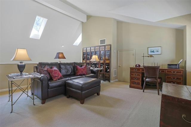 17 Deer Tree Ln, Briarcliff Manor, NY 10510 - living area with a skylight, carpet flooring, beam ceiling, baseboards, and high vaulted ceiling
